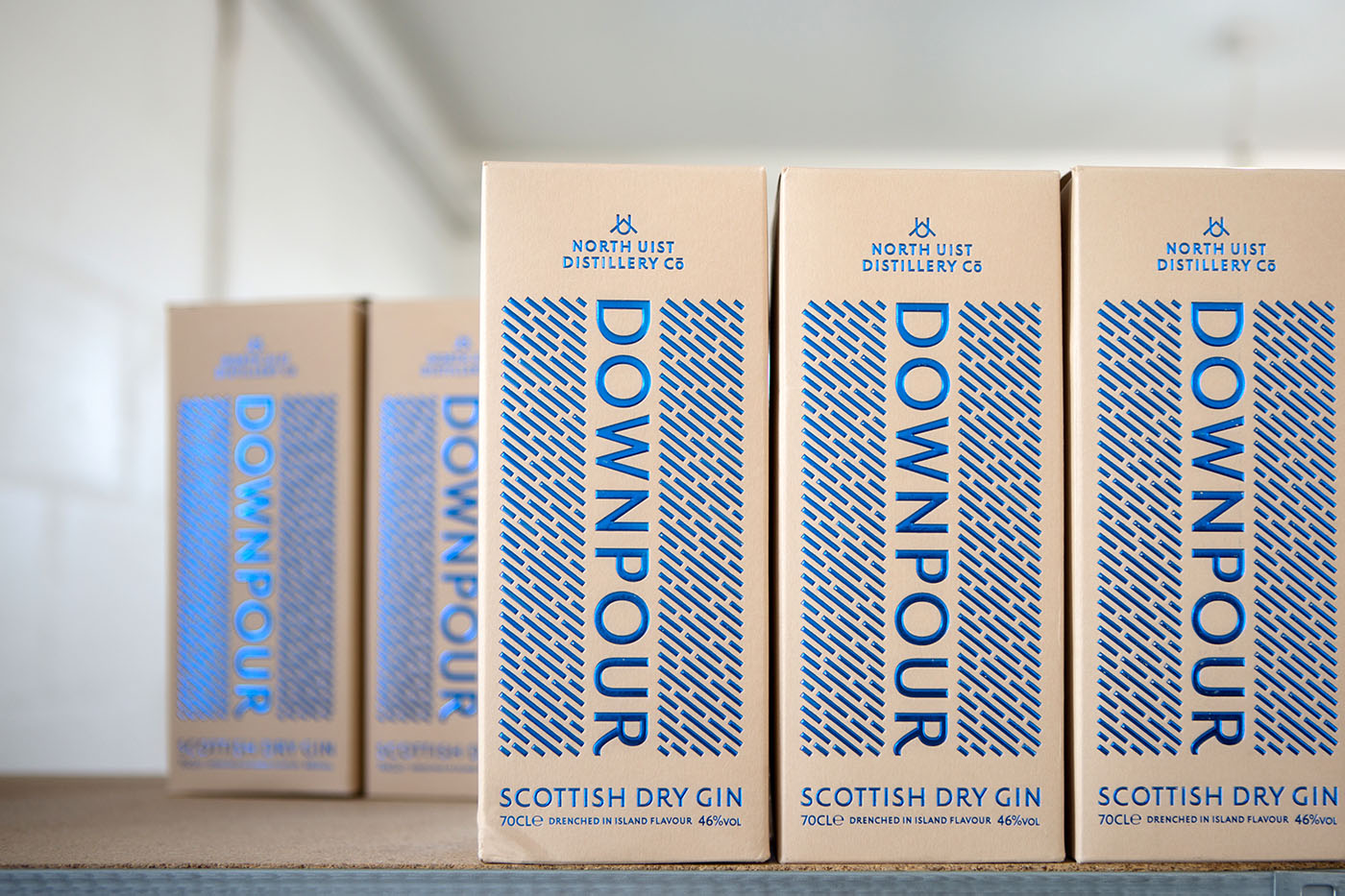 Boxed bottles of Downpour Gin